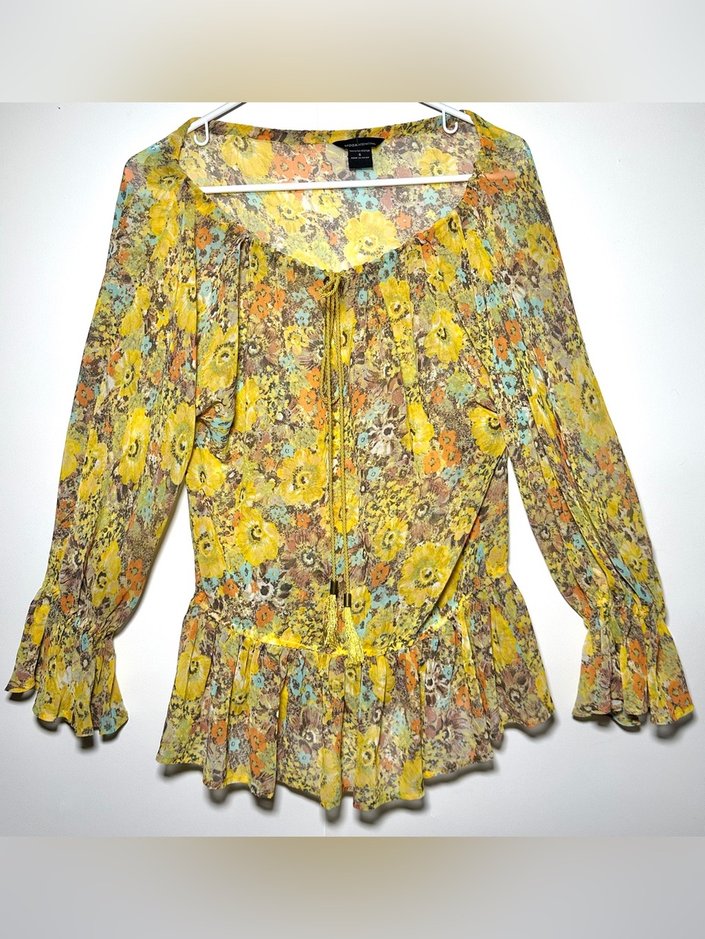 Moda International Yellow Floral Peasant Blouse